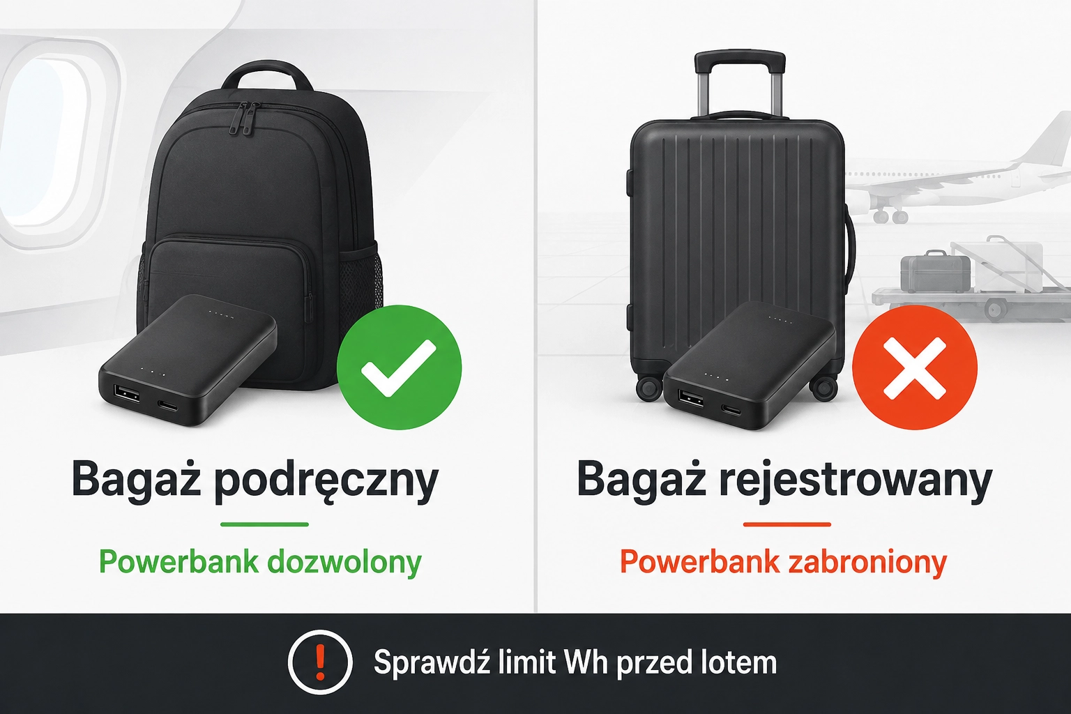 Infografika: powerbank w bagażu podręcznym tak, w rejestrowanym nie