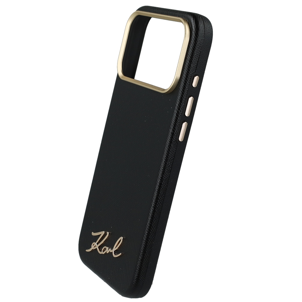 Etui z wypukłym logo i metalowym wykończeniem aparatu, czarne