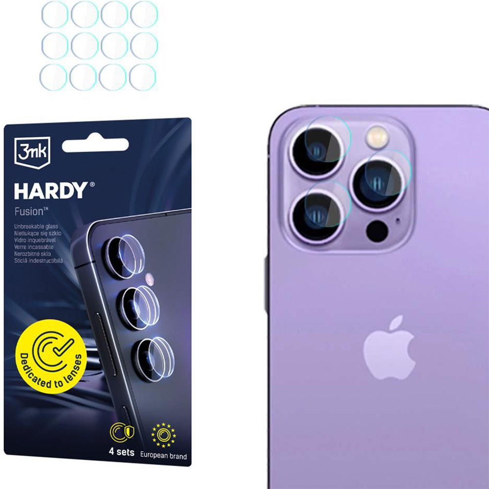 4x Szkło hybrydowe na soczewki aparatu, 3mk Hardy Fusion Lens Protection do iPhone 14 Pro / 14 Pro Max