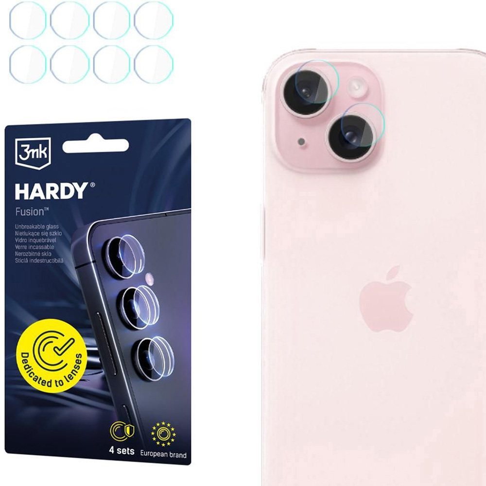 4x Szkło hybrydowe na soczewki aparatu, 3mk Hardy Fusion Lens Protection do iPhone 15