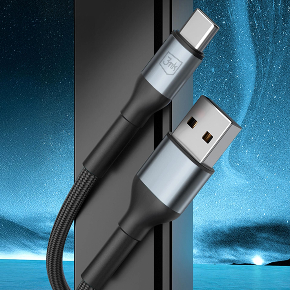 3mk Hyper Cable, wytrzymały kabel z nylonowym oplotem i aluminiowymi końcówkami, solidny, czarny