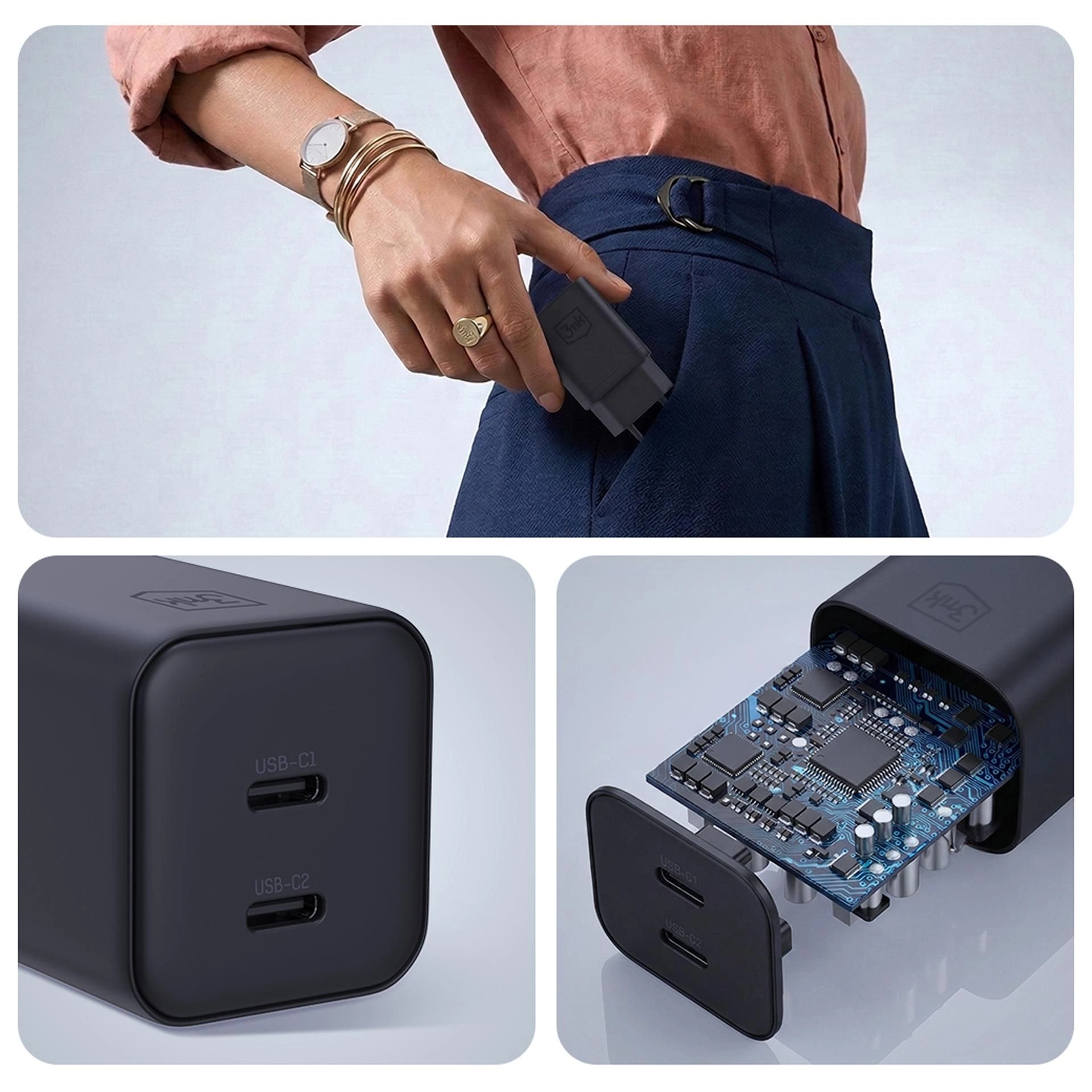 Ładowarka sieciowa GaN, 2x USB-C, PD 45W AVS, 3mk Hyper Charger, czarna