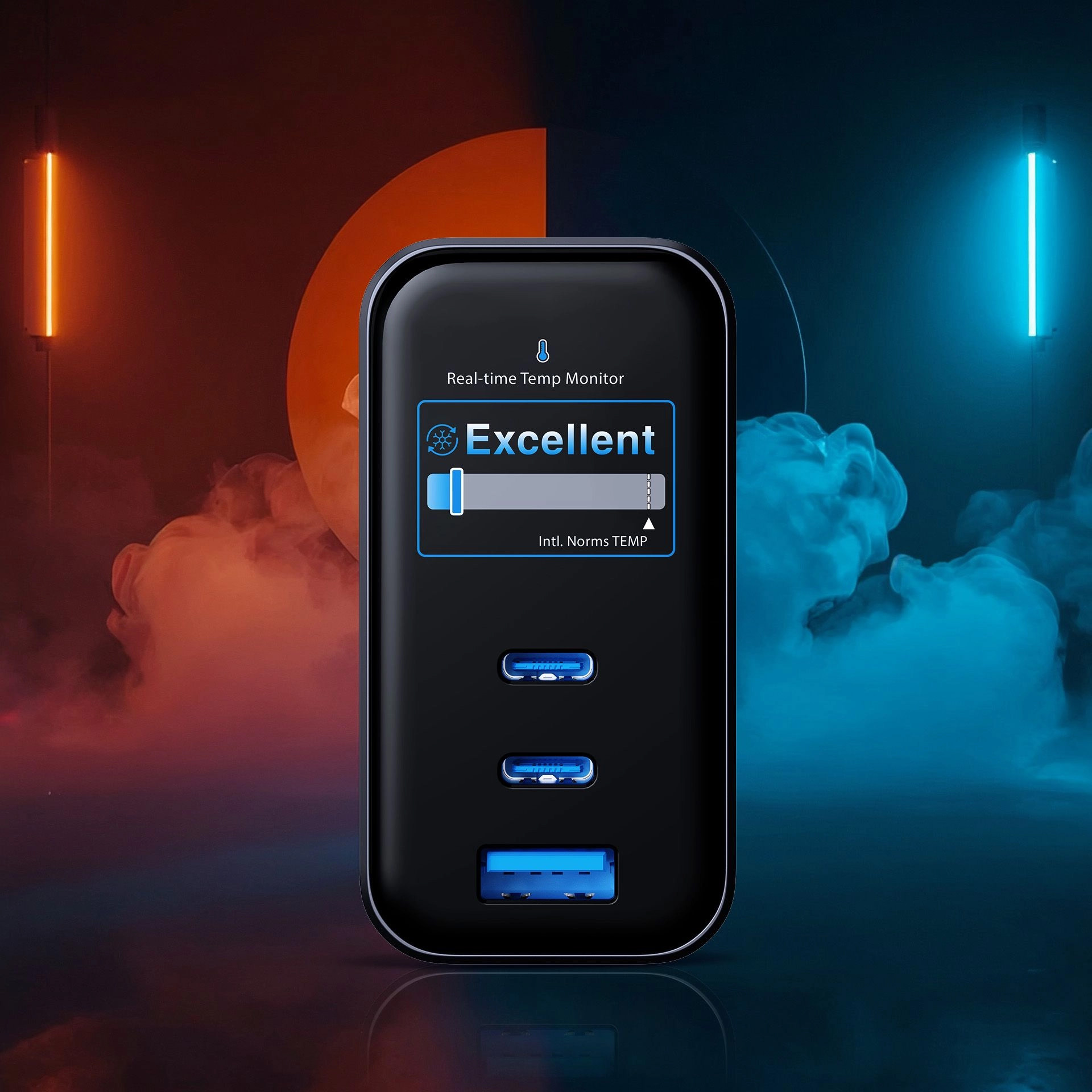 Ładowarka sieciowa GaN z wyświetlaczem TFT, 2x USB-C / 1x USB-A, PD 67W, 3mk incharge Lumin, czarna