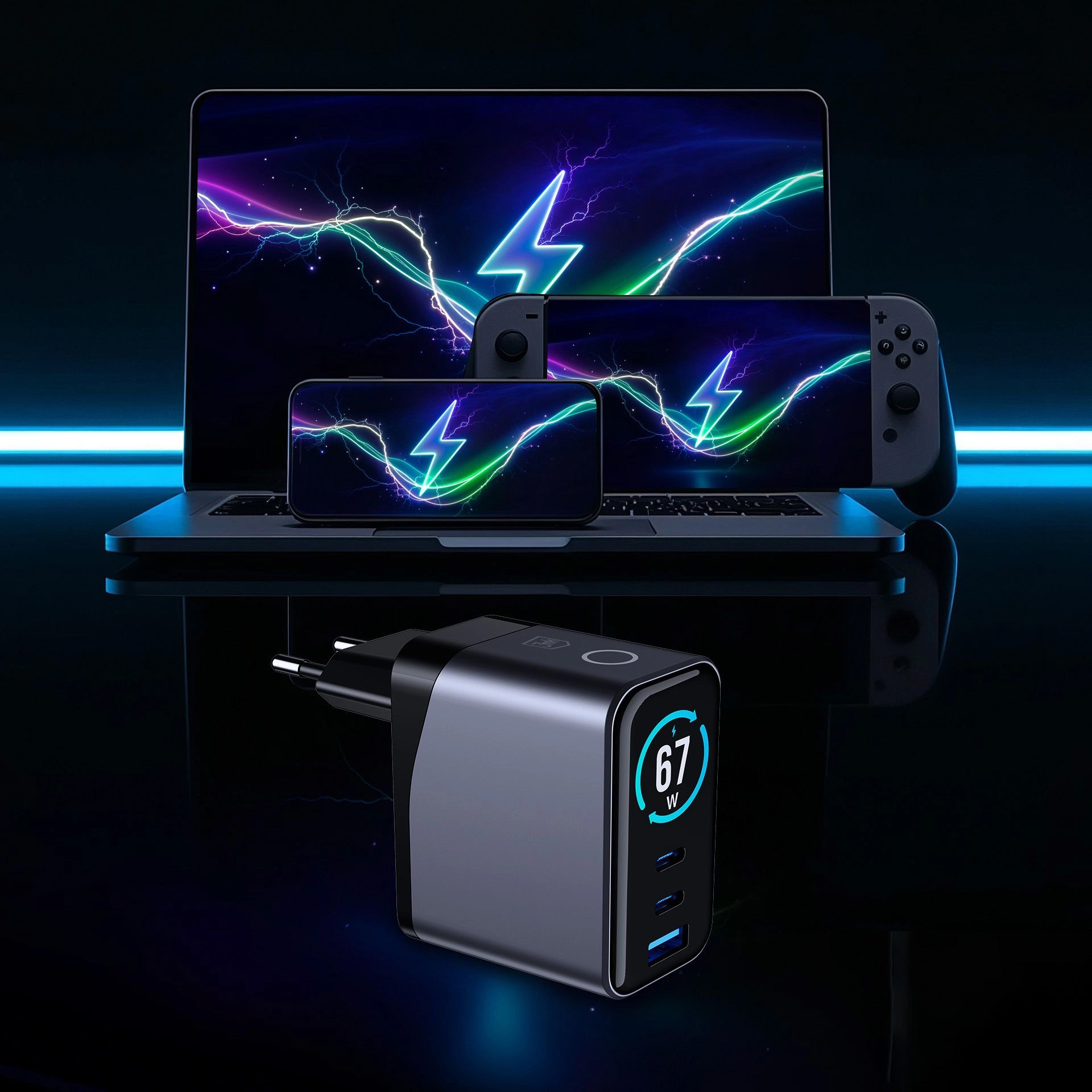 Ładowarka sieciowa GaN z wyświetlaczem TFT, 2x USB-C / 1x USB-A, PD 67W, 3mk incharge Lumin, czarna