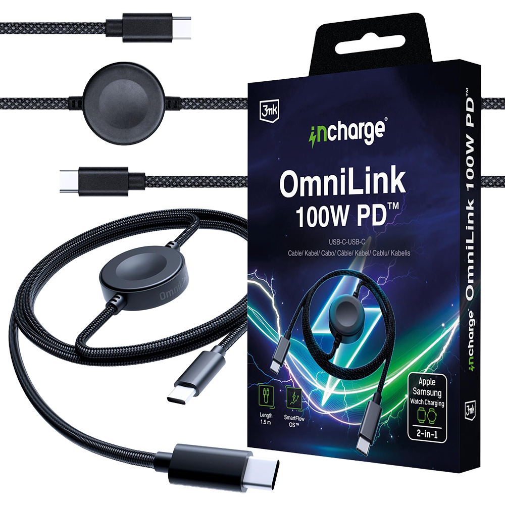 3mk incharge® OmniLink, szybkie ładowanie Power Delivery 100W, transfer danych USB 2.0, magnetyczne ładowanie zegarka, czarny