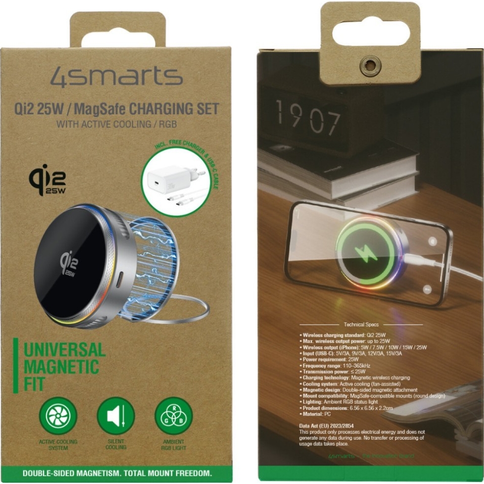 Opakowanie zestawu 4smarts Qi2 25 W MagSafe z aktywnym chłodzeniem i podświetleniem RGB
