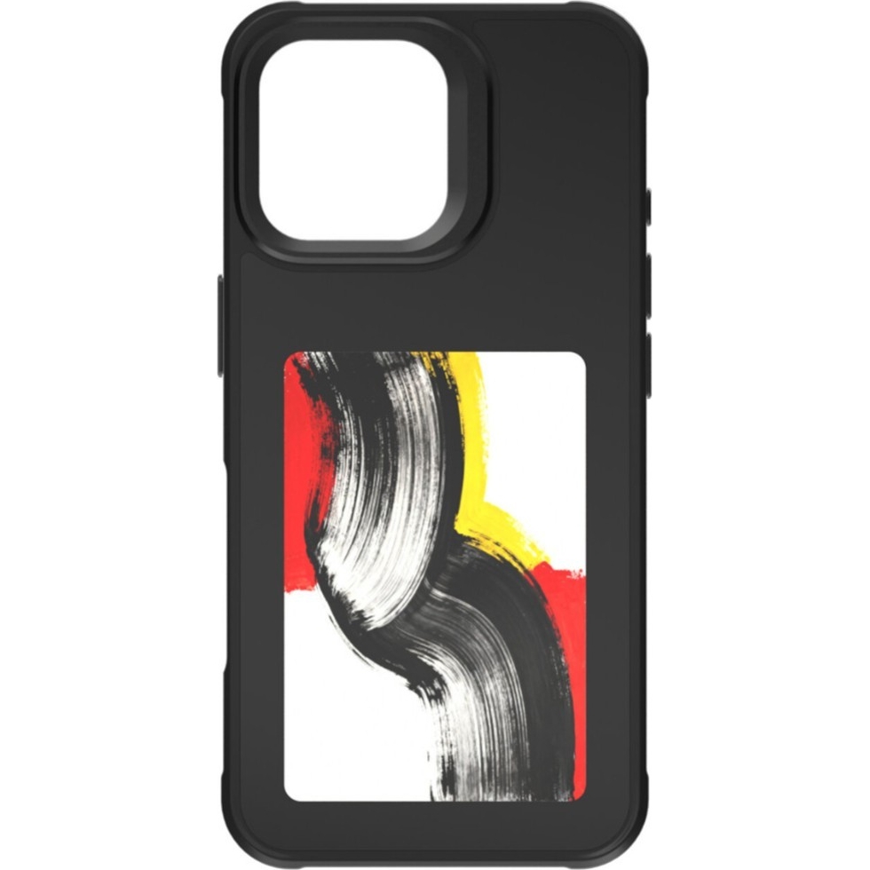 Czarne etui na smartfon z kolorowym panelem graficznym na tylnej części obudowy