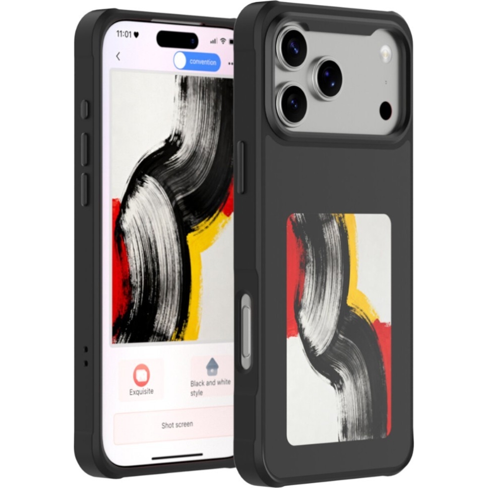 Czarne etui na smartfon z personalizowanym panelem graficznym sterowanym z poziomu aplikacji