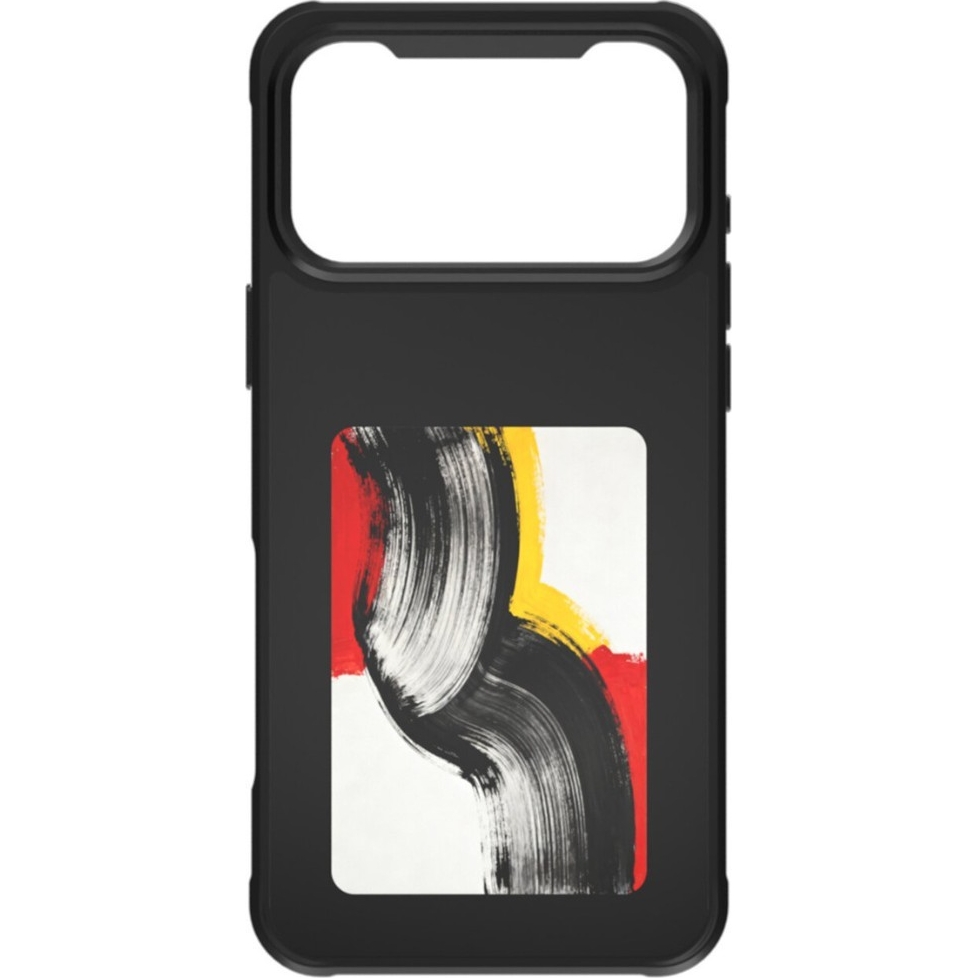 Czarne etui na smartfon z kolorowym panelem graficznym na tylnej części obudowy