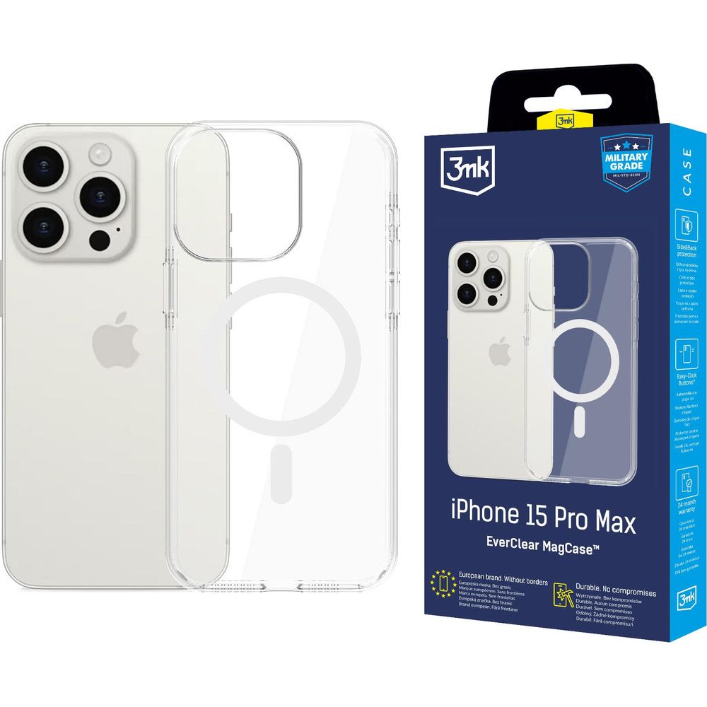 Etui 3mk EverClear MagCase do MagSafe do iPhone 15 Pro Max, przezroczyste z białym, przezroczyste etui kompatybilne z MagSafe, minimalistyczny design