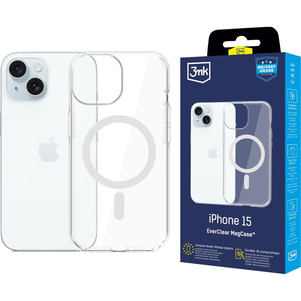 Etui 3mk EverClear MagCase do MagSafe do iPhone 15, przezroczyste z białym, przezroczyste etui kompatybilne z MagSafe, minimalistyczny design