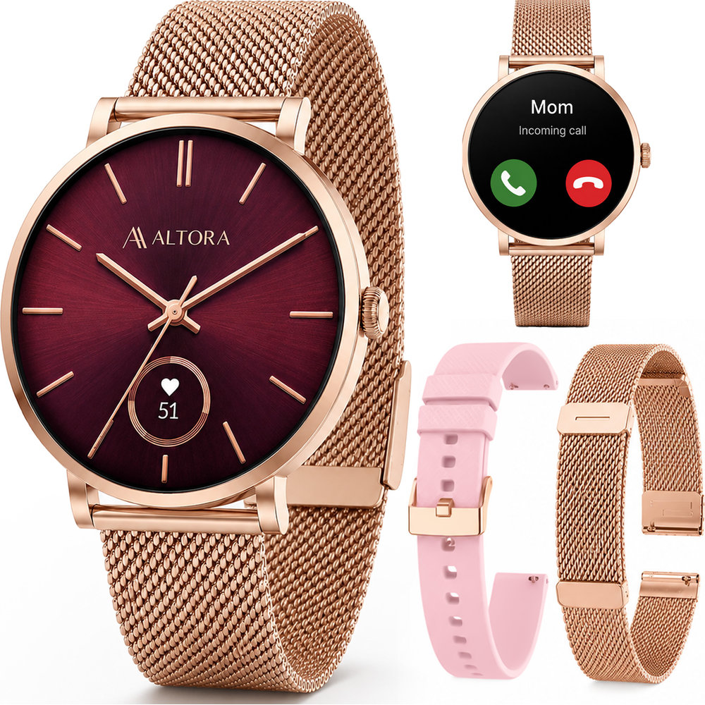 3mk Altora Vivid Lady, elegancki smartwatch damski AMOLED smukły funkcjonalny, Gold (metalowa bransoleta w kolorze złotym + silikonowy pasek w kolorze różowym)