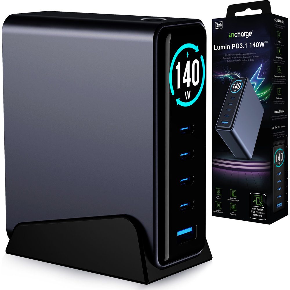 3mk InCharge Lumin PD 3.2 140W, wydajna biurkowa ładowarka GaN z ekranem TFT, czarno-grafitowa