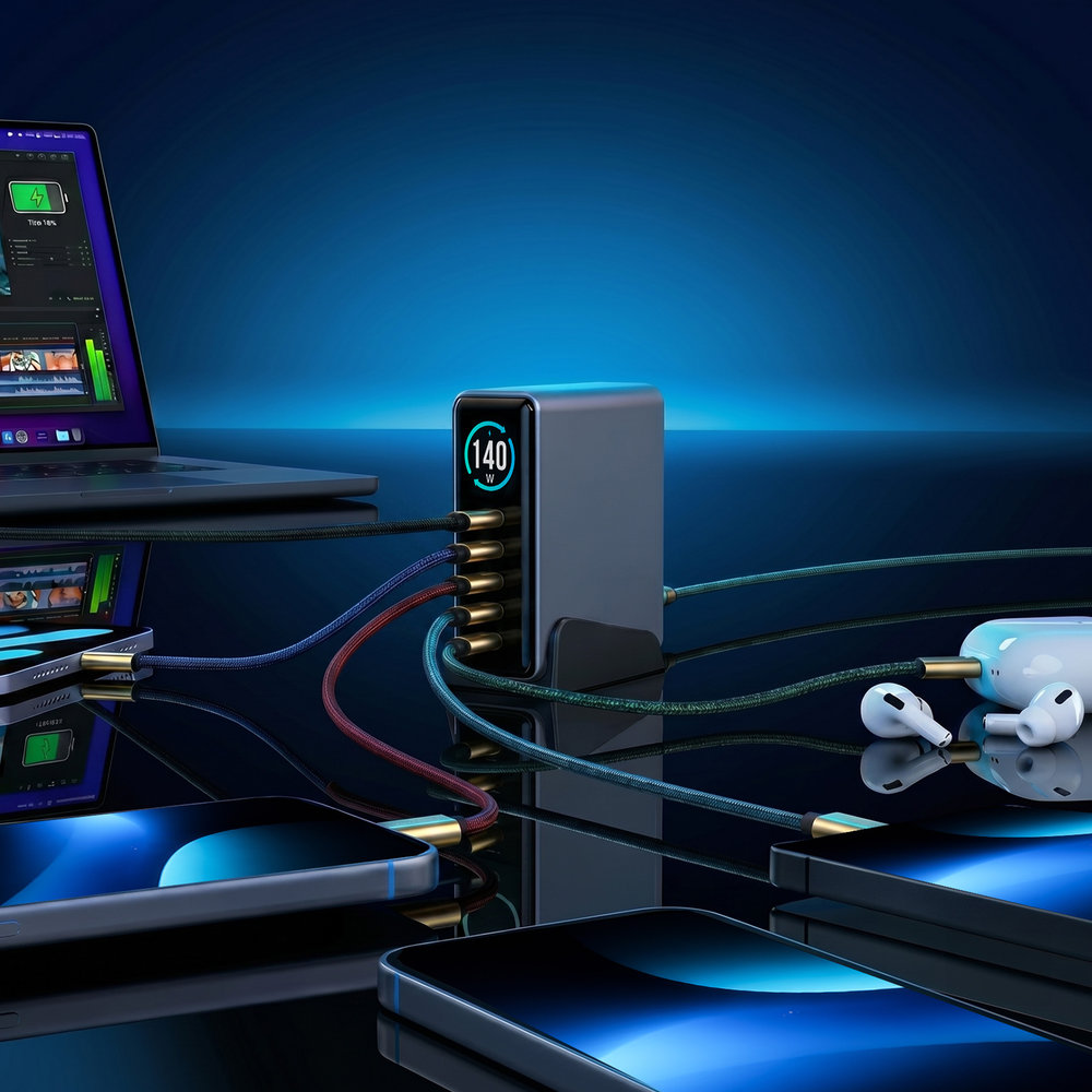 3mk InCharge Lumin PD 3.2 140W, wieloportowa ładowarka USB-C z inteligentnym zasilaniem, czarno-grafitowa