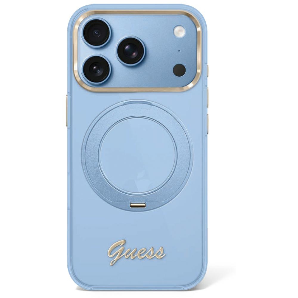 Guess IML Ring Stand 360 Script Metal Logo stylowy pokrowiec ochronny etui na telefon premium design niebieskie