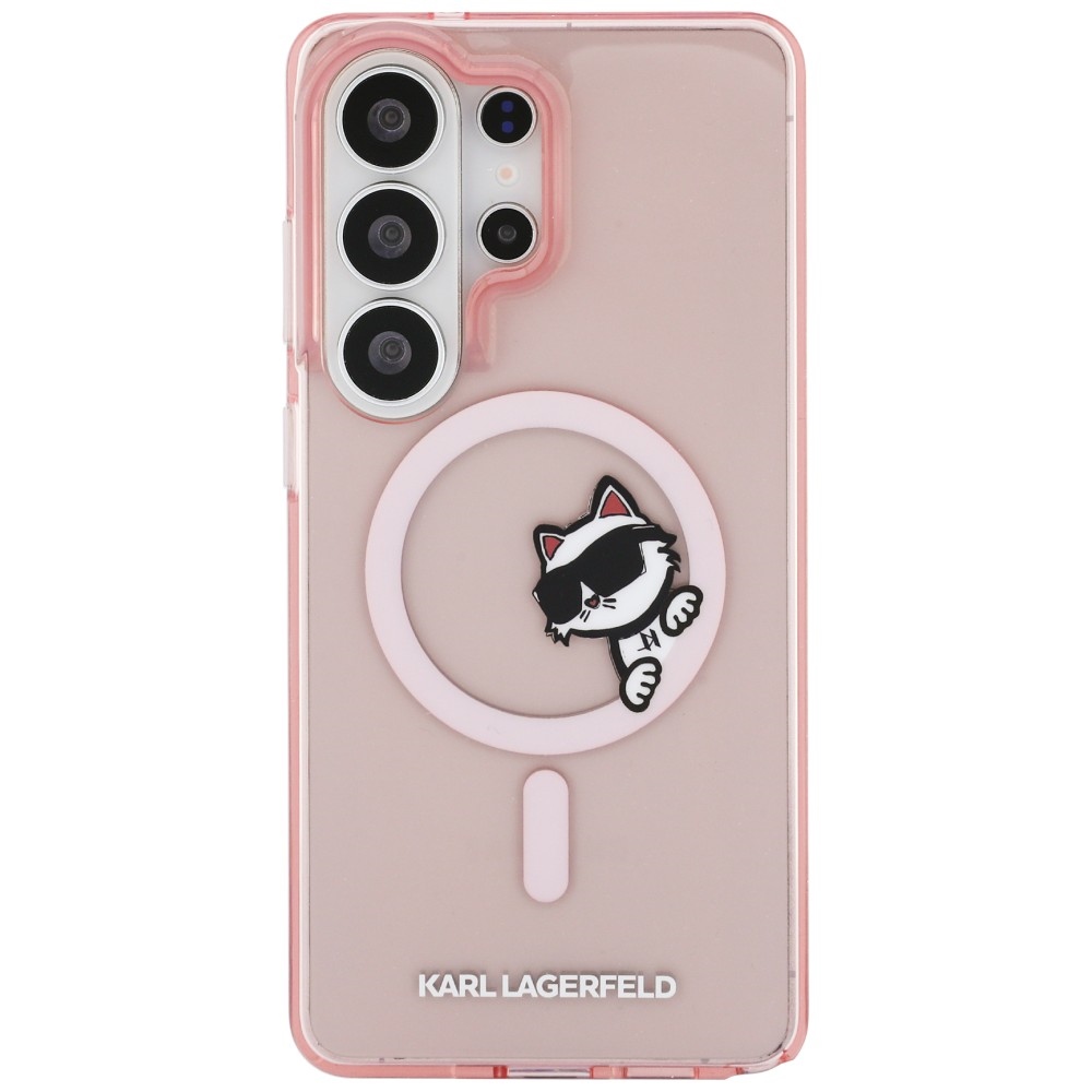 Karl Lagerfeld IML Print MagSafe, trwały wzór galwaniczny, odporność na ścieranie, modny styl, półprzezroczyste różowe z kotką Choupette