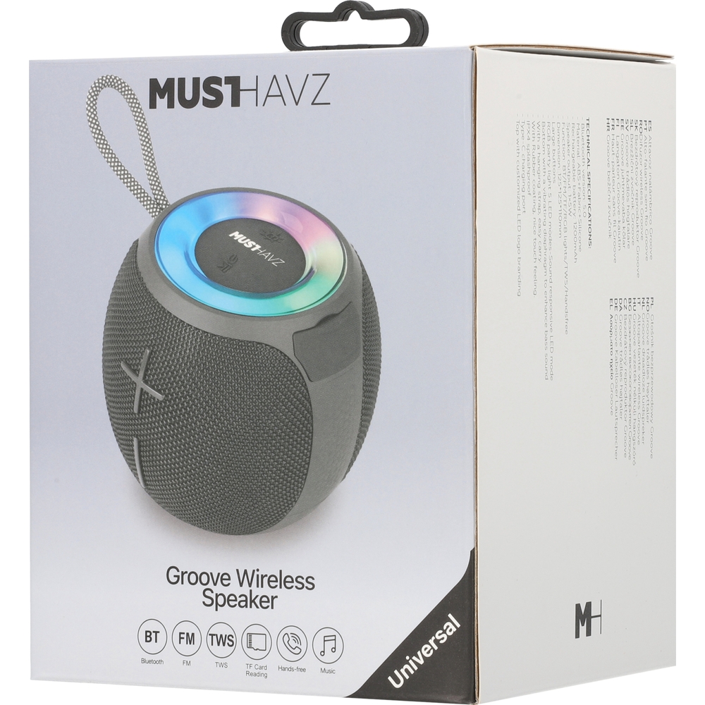 Musthavz Groove czarny, przenośny głośnik Bluetooth 5 W z akumulatorem 1200 mAh, portem USB-C i paskiem do przenoszenia