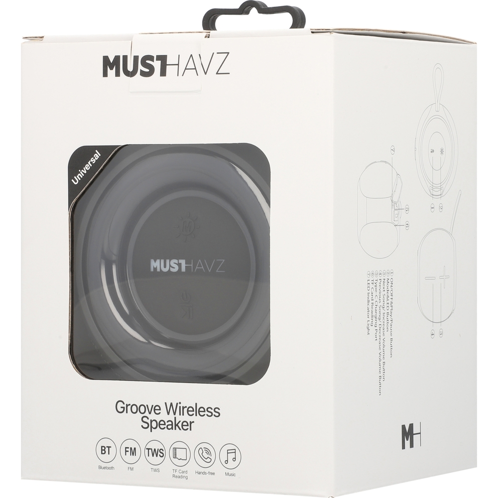Musthavz Groove czarny, przenośny głośnik Bluetooth 5 W z akumulatorem 1200 mAh, portem USB-C i paskiem do przenoszenia