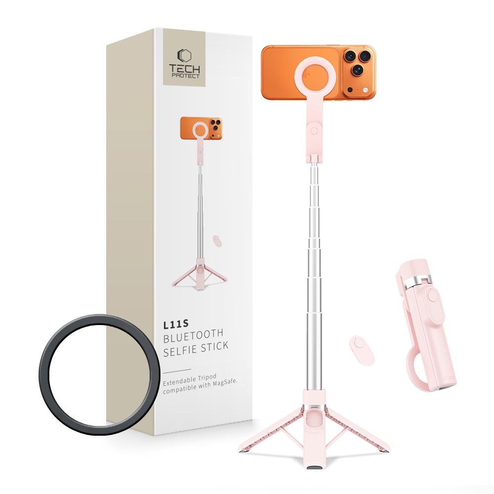 Kijek do selfie Tech-Protect L11S z magnetycznym mocowaniem MagSafe i pilotem Bluetooth, rozowy