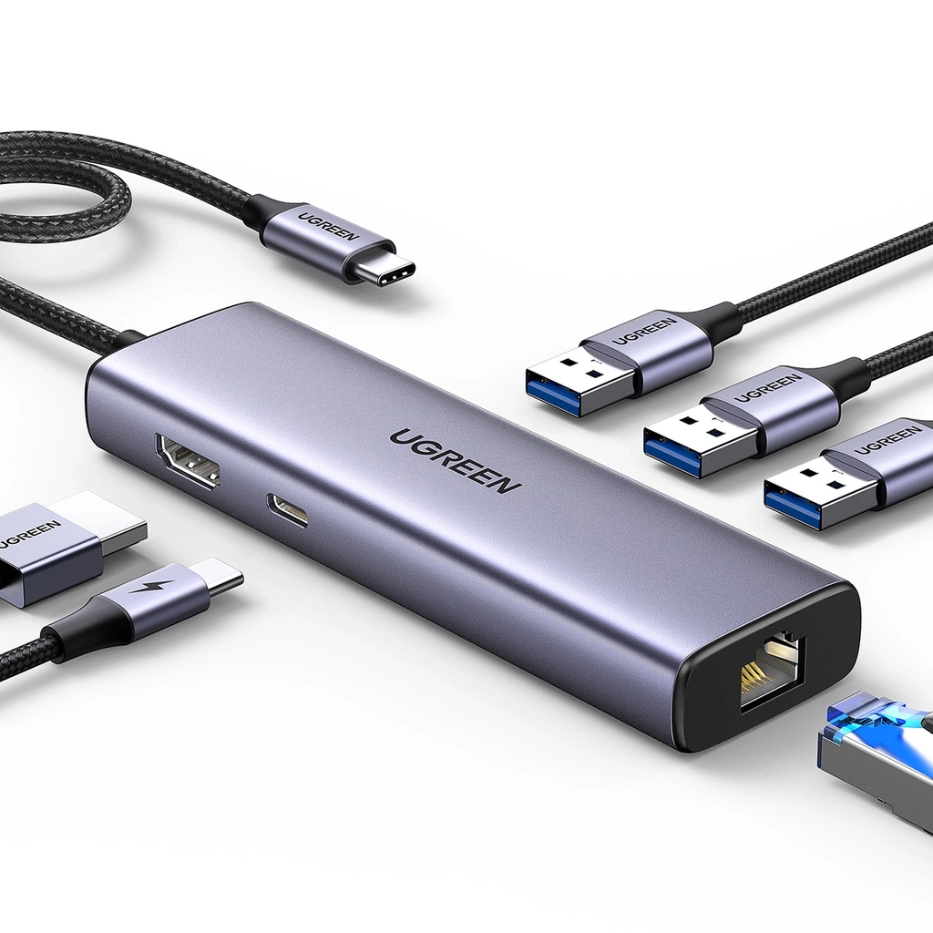 Adapter 6w1 UGREEN CM512 USB-C z 3× USB-A, HDMI 4K, RJ45 i PD 100W, szary