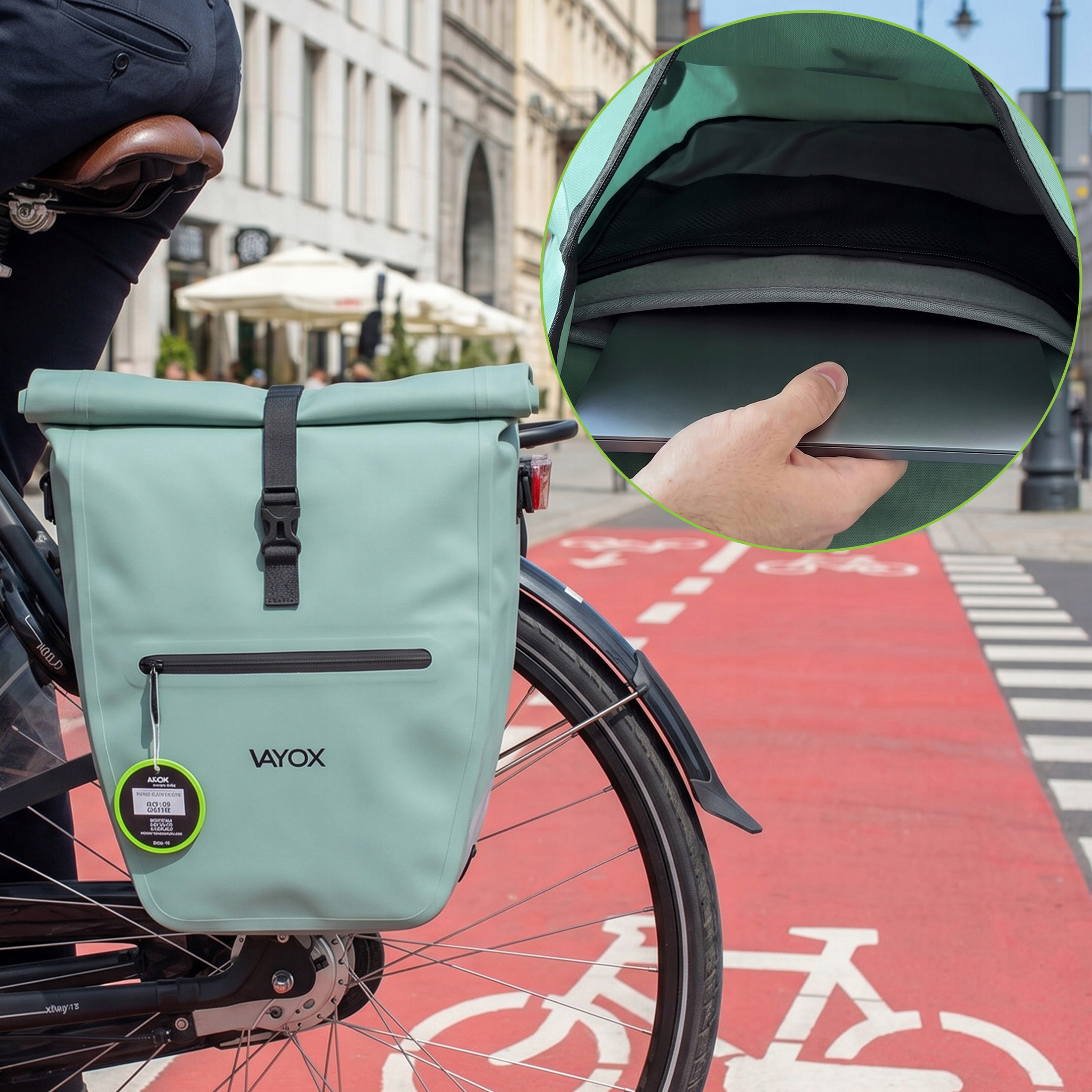 Zamknięcie roll-top i regulacja pojemności w miętowej sakwie Vayox 20-25L