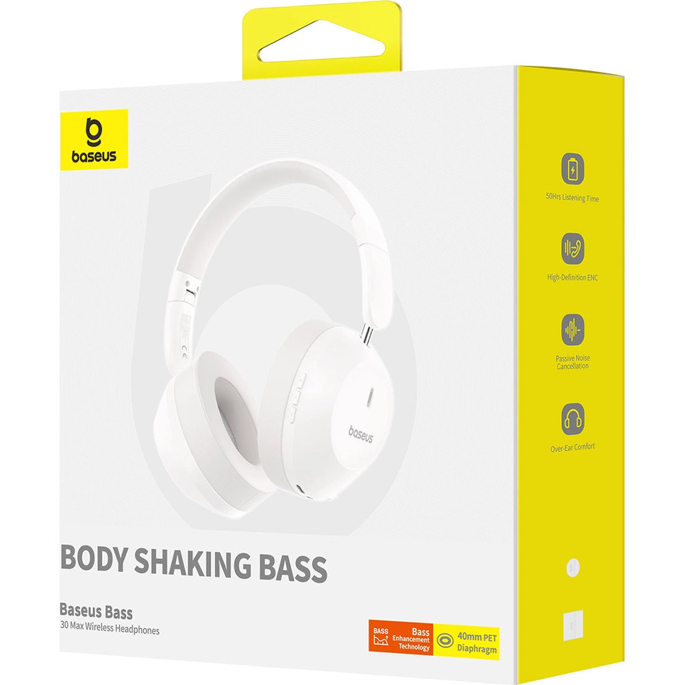Baseus Bass 30 Max Bluetooth Headphones, mocny bas długie odsłuchy 50 godzin, białe