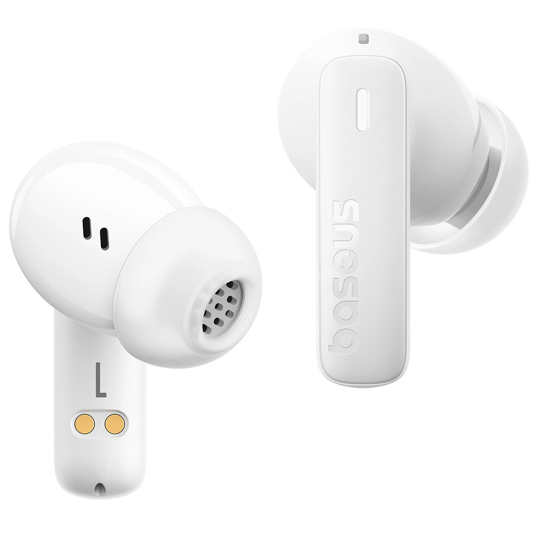 Bezprzewodowe słuchawki dokanałowe Baseus Bowie E19. Oferują szybkie ładowanie przez port USB-C w około 1,5 godziny i krystaliczną jakość rozmów dzięki podwójnym mikrofonom, białe
