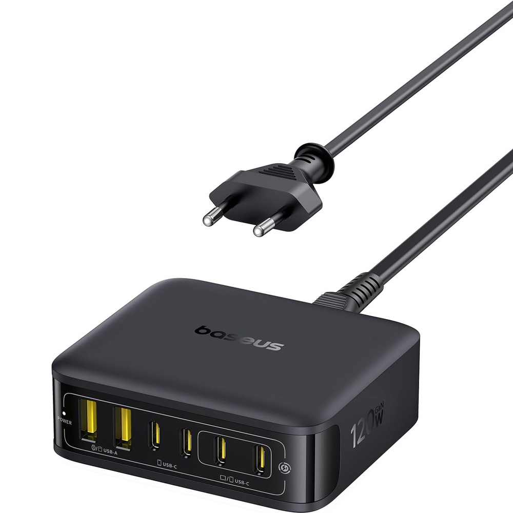 Stacja ładująca GaN, ładowarka biurkowa 120W 4x USB-C / 2x USB-A, Baseus EnerFill FH21, czarna