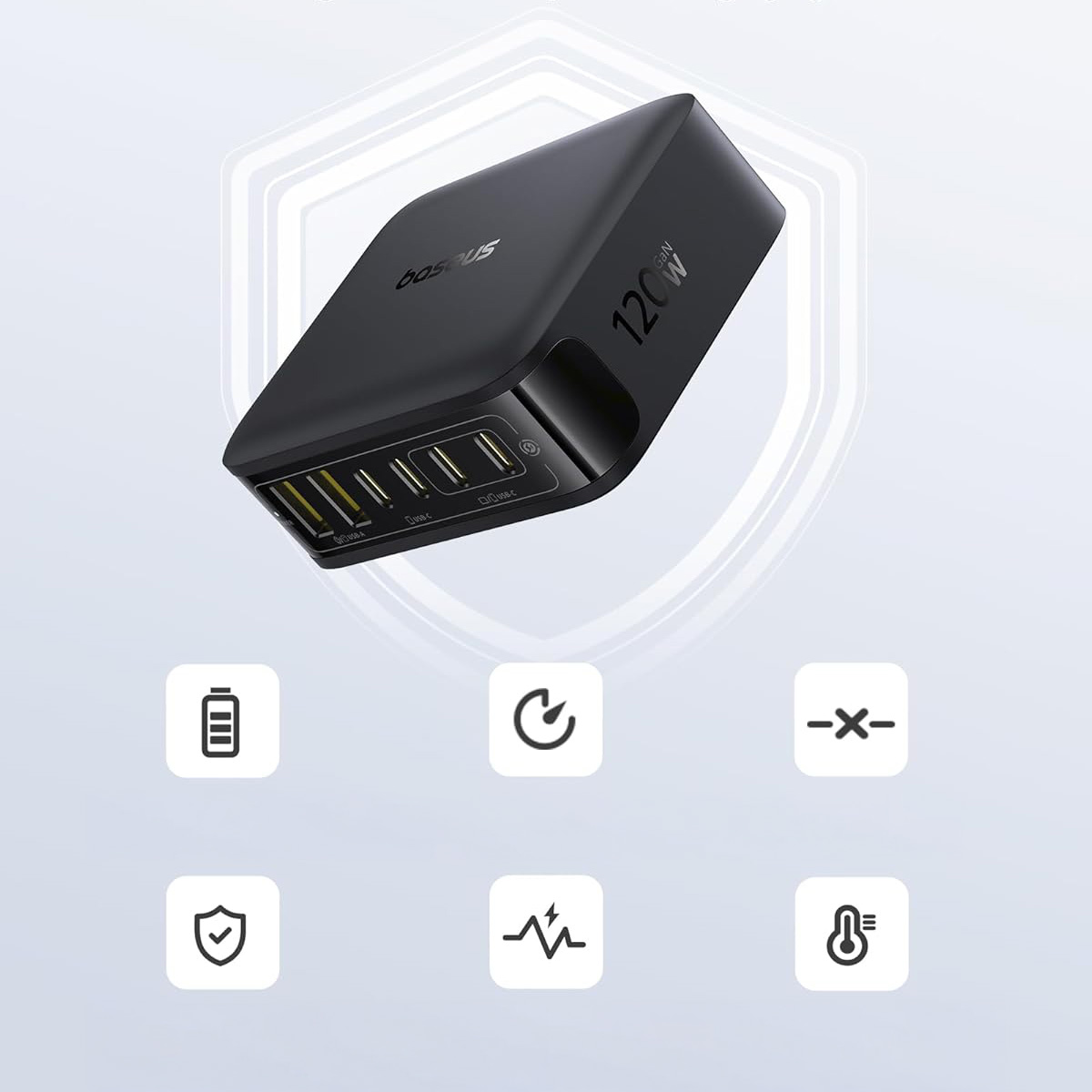 Stacja ładująca GaN, ładowarka biurkowa 120W 4x USB-C / 2x USB-A, Baseus EnerFill FH21, czarna