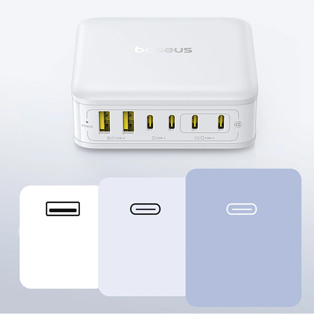 Stacja ładująca GaN, ładowarka biurkowa 120W 4x USB-C / 2x USB-A, Baseus EnerFill FH21, biała
