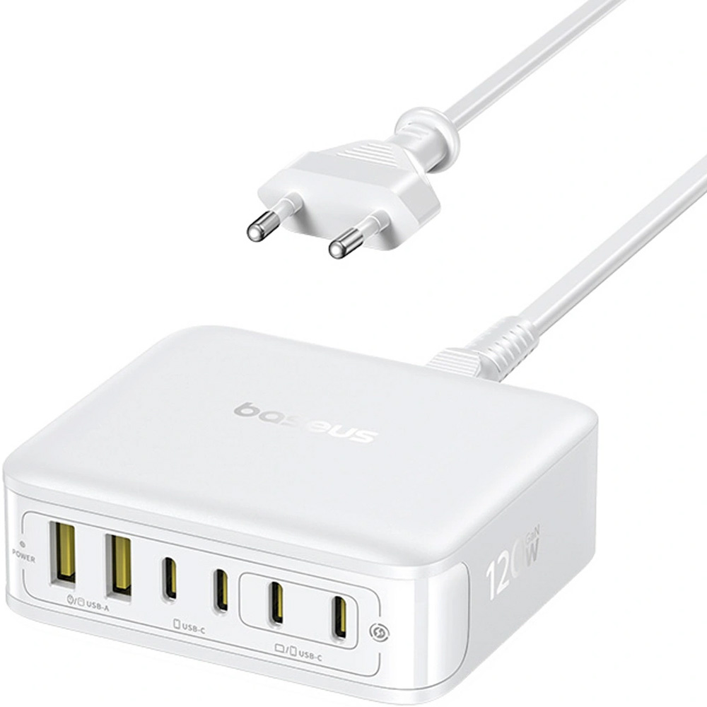 Stacja ładująca GaN, ładowarka biurkowa 120W 4x USB-C / 2x USB-A, Baseus EnerFill FH21, biała
