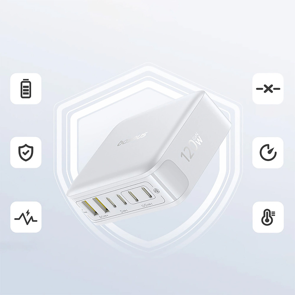 Stacja ładująca GaN, ładowarka biurkowa 120W 4x USB-C / 2x USB-A, Baseus EnerFill FH21, biała