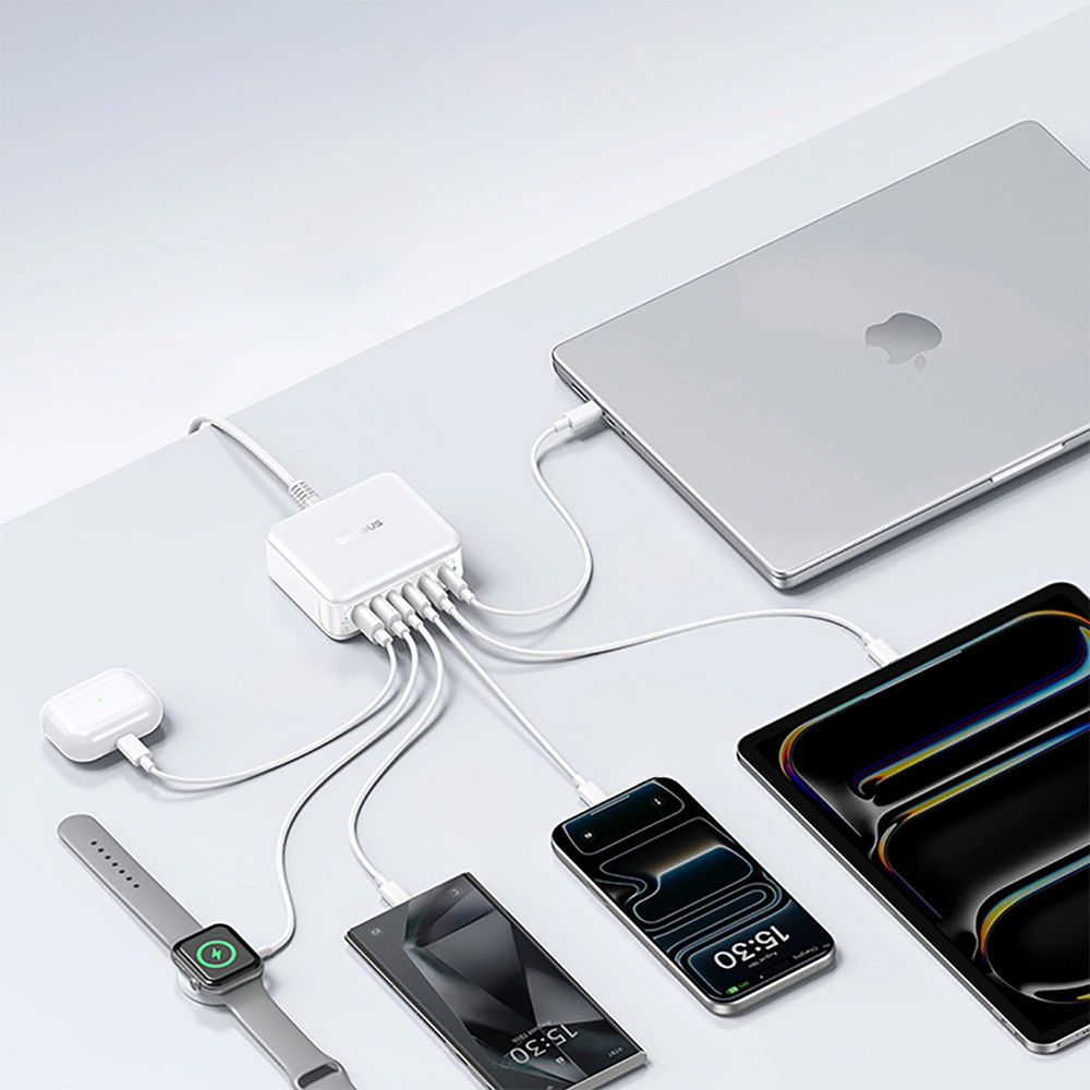 Stacja ładująca GaN, ładowarka biurkowa 120W 4x USB-C / 2x USB-A, Baseus EnerFill FH21, biała