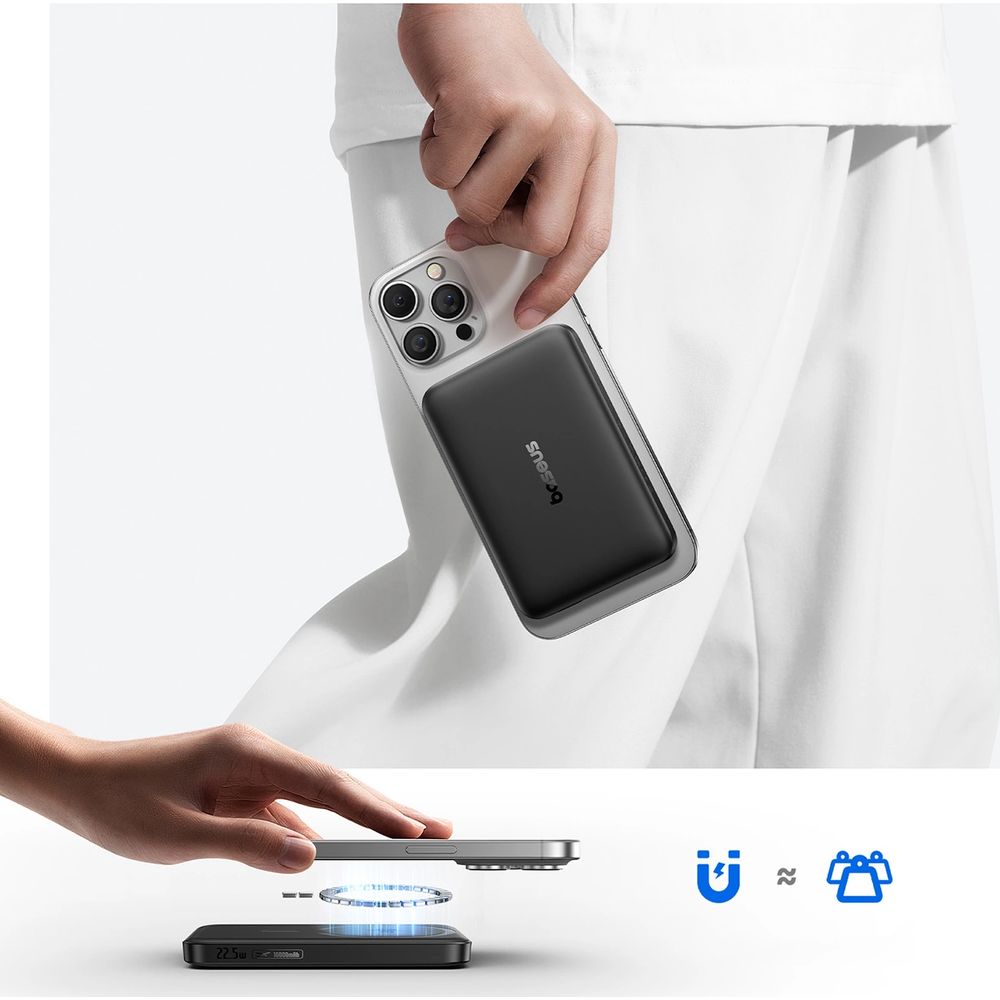 Powerbank indukcyjny Baseus EnerFill FM12 do MagSafe, Qi2 15W, USB-C 22.5W, 10 000mAh + kabel USB-C, czarny, bezpieczny w podróży, ochrona elektroniki