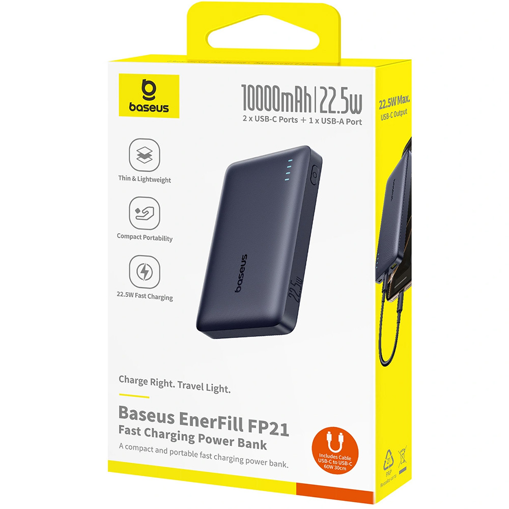 Powerbank Baseus EnerFill FP21, 10 000mAh, 22,5W, 1x USB-A, 2x USB-C + kabel USB-C, czarny