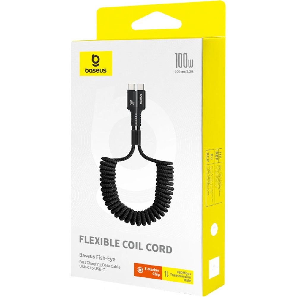 Kabel spiralny Baseus Fish-Eye USB-C do USB-C, PD 100W, 480 Mb/s, 1 m, czarny