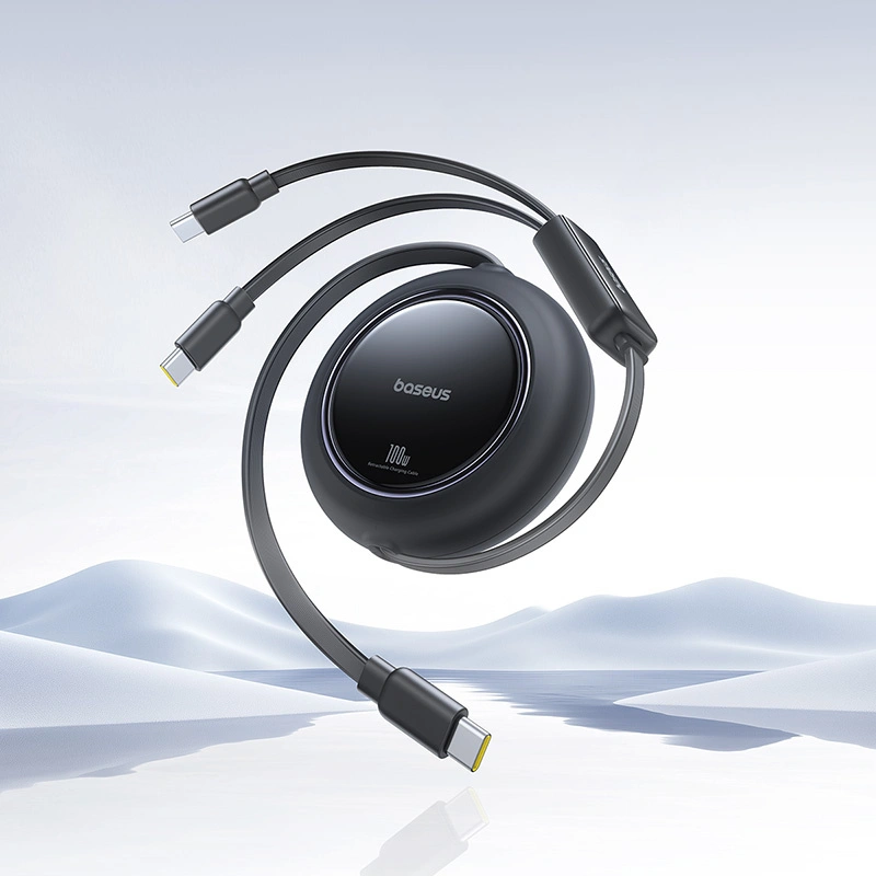 Kabel zwijany 3w1 Baseus Free2Pull Mini USB-C do 2x USB-C, 100W PD, 1.2 m, czarny