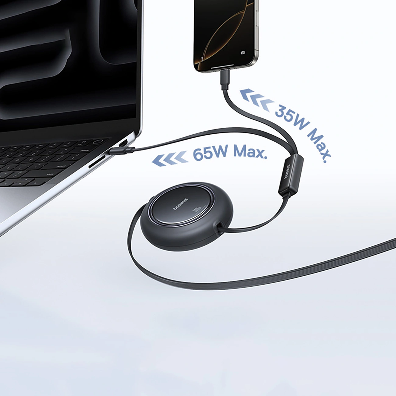 Kabel zwijany 3w1 Baseus Free2Pull Mini USB-C do 2x USB-C, 100W PD, 1.2 m, czarny
