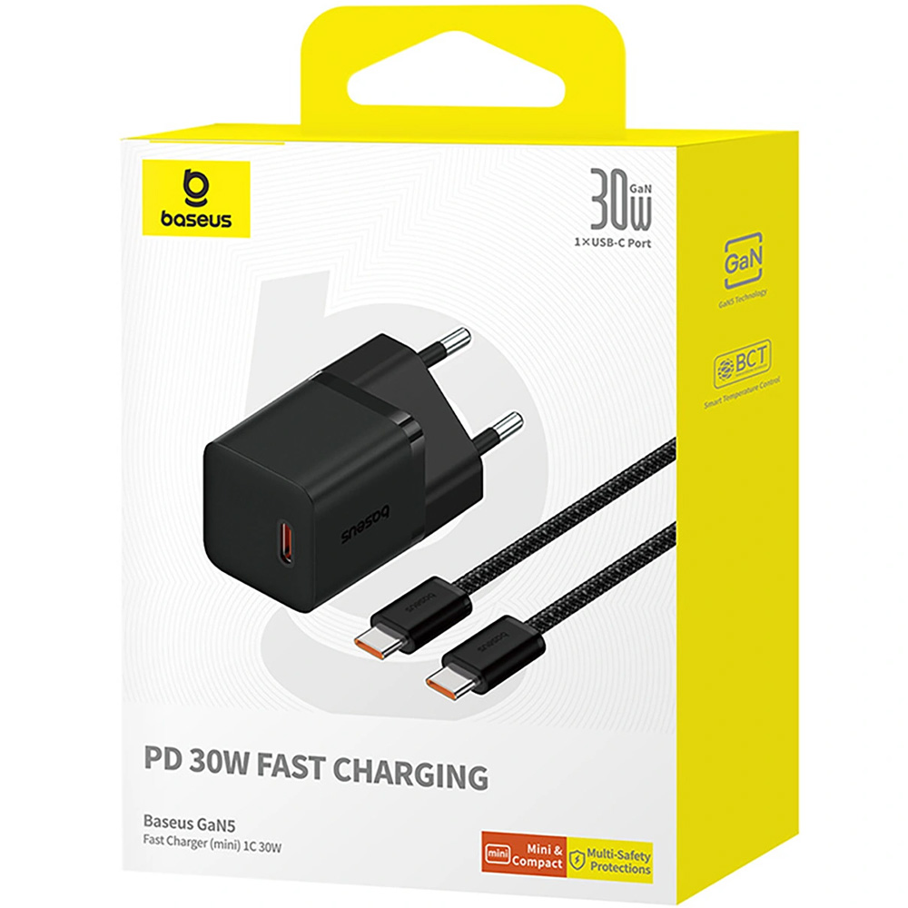 Ładowarka sieciowa Baseus GaN5 Fast Charger Mini, 30W, 1x USB-C + kabel z oplotem USB-C, czarna