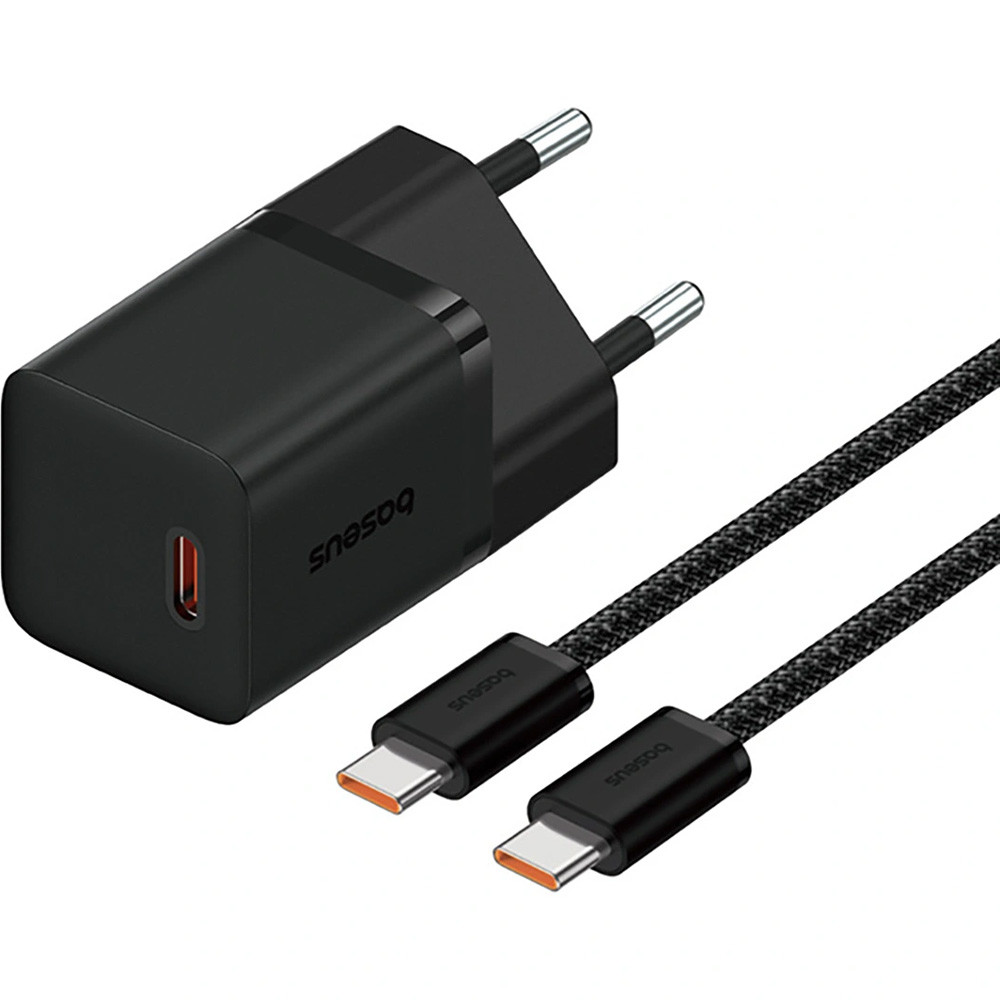 Ładowarka sieciowa Baseus GaN5 Fast Charger Mini, 30W, 1x USB-C + kabel z oplotem USB-C, czarna