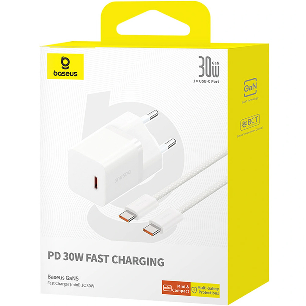 Ładowarka sieciowa Baseus GaN5 Fast Charger Mini, 30W, 1x USB-C + kabel z oplotem USB-C, biała