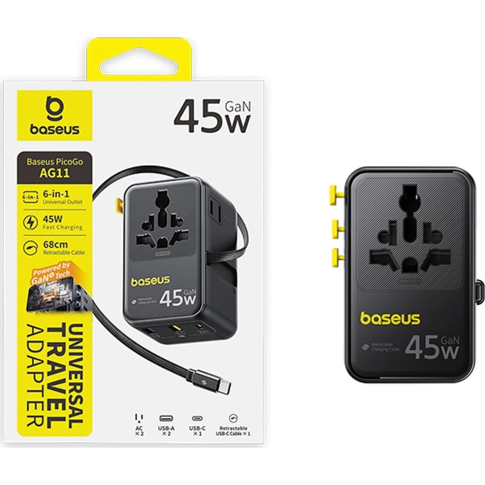 Baseus PicoGo AG11 45W, uniwersalna wtyczka do wielu krajów, bezpieczny, solidny, wygodny, czarny