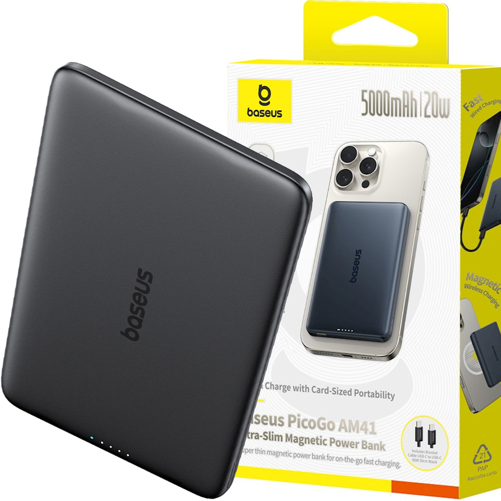 Cienki powerbank indukcyjny Qi, Baseus PicoGo AM41 do MagSafe, 5000mAh, 20W + kabel USB-C 60W 30 cm, czarny
