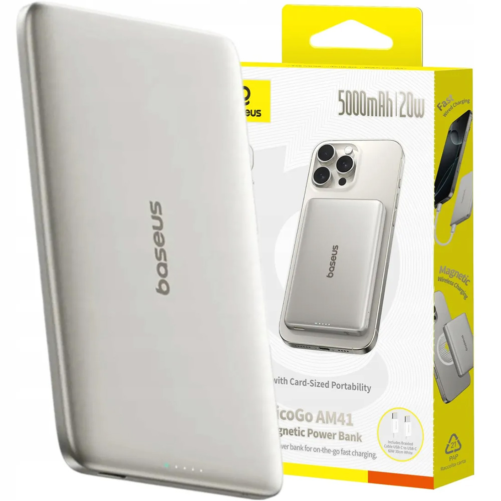 Cienki powerbank indukcyjny Qi, Baseus PicoGo AM41 do MagSafe, 5000mAh, 20W + kabel USB-C 60W 30 cm, tytanowy