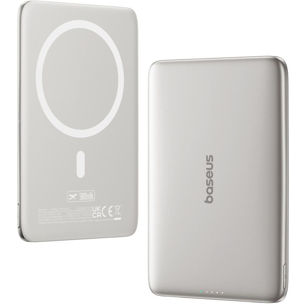 Cienki powerbank indukcyjny Qi, Baseus PicoGo AM41 do MagSafe, 5000mAh, 20W + kabel USB-C 60W 30 cm, tytanowy