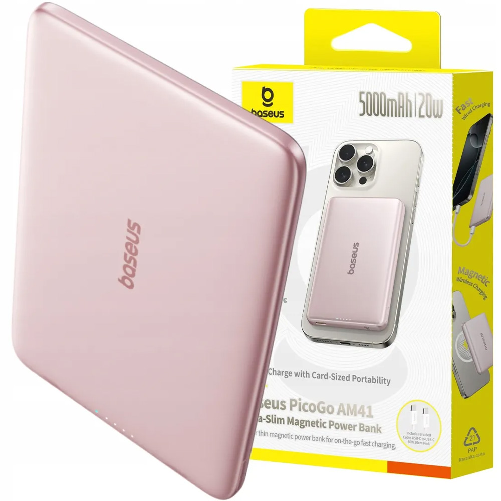 Cienki powerbank indukcyjny Qi, Baseus PicoGo AM41 do MagSafe, 5000mAh, 20W + kabel USB-C 60W 30 cm, różowy