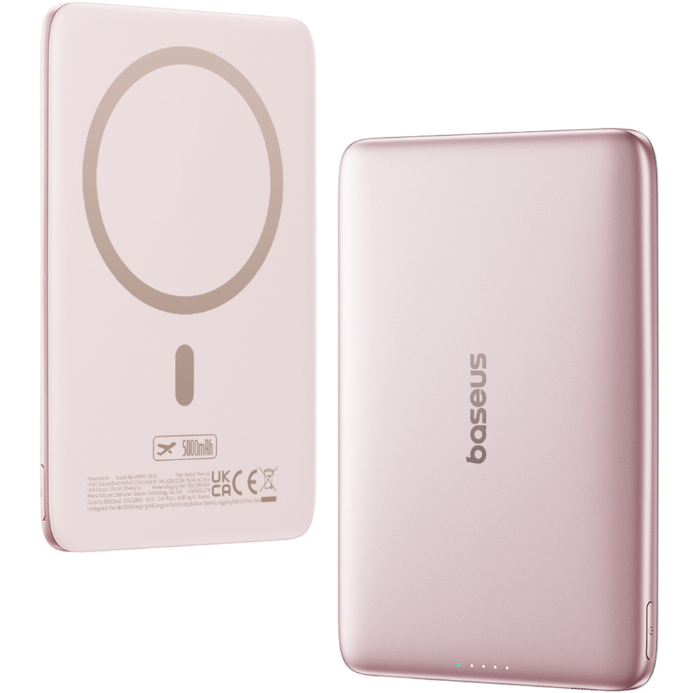 Cienki powerbank indukcyjny Qi, Baseus PicoGo AM41 do MagSafe, 5000mAh, 20W + kabel USB-C 60W 30 cm, różowy