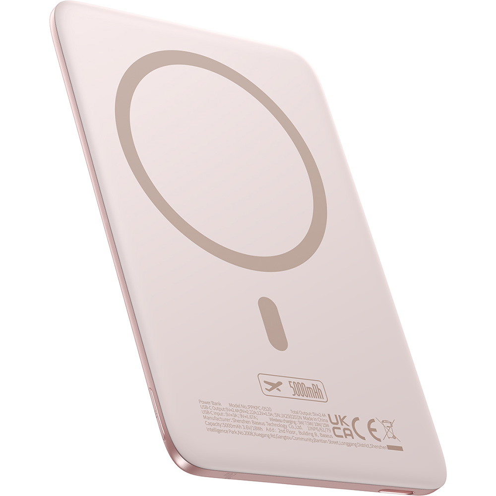Cienki powerbank indukcyjny Qi, Baseus PicoGo AM41 do MagSafe, 5000mAh, 20W + kabel USB-C 60W 30 cm, różowy