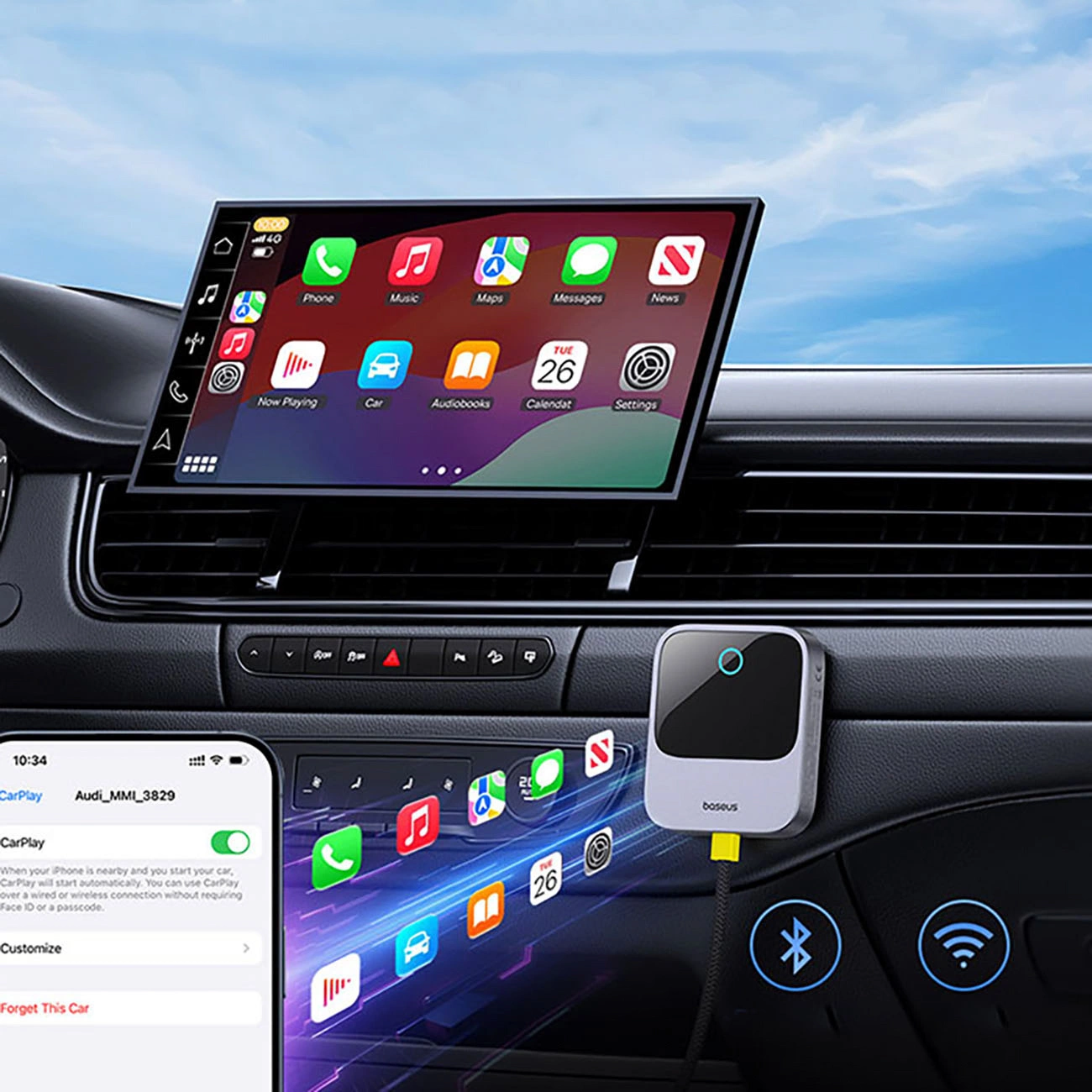 Adapter do bezprzewodowego CarPlay, Baseus SafeJourney USB-A + USB-C, Bluetooth 5.0 / WiFi 5 GHz, szary