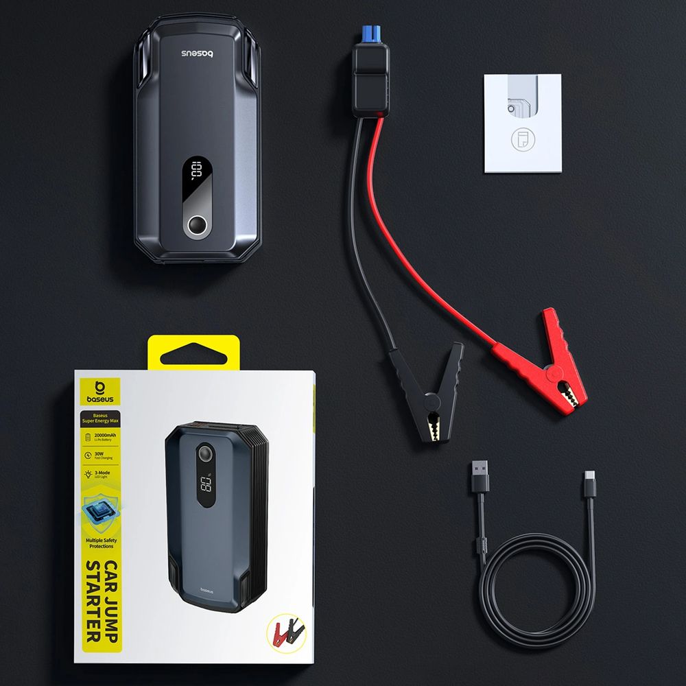 Samochodowy rozrusznik Baseus Super Energy Max Car Jump Starter 20000mAh 12V (2000A / 1000A), czarny, pełny zestaw podróżny do auta, praktyczny